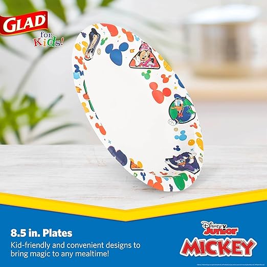 Glad for Kids Disney Mickey and Friends Disposable Paper Plates for Snacks and Meals, Heavy Duty Soak Proof Cut Resistant Microwave Safe Kids Plates, Party Pack, 8.5 Inch, 40 Count - 2 Pack