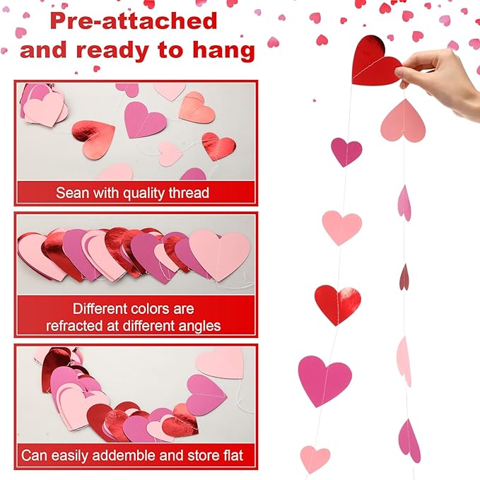 10 Pack 130ft Rose Red Pink Heart Party Garland Asymmetrical Love Hanging Banners for Birthday Wedding Decorations Mothers Day Bachelorette Bridal Shower Engagement