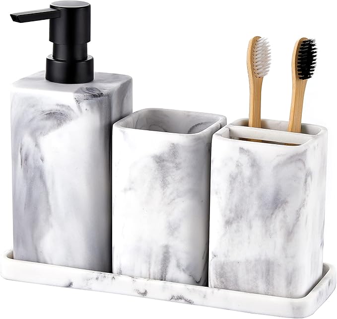 ZCCZ Toothbrush Holder for Bathrooms, White Marble Look Toothpaste and Makeup Holder, Brushes and Razors Holder, Vanity Bathroom Countertop Organizer, Toothbrush Cup