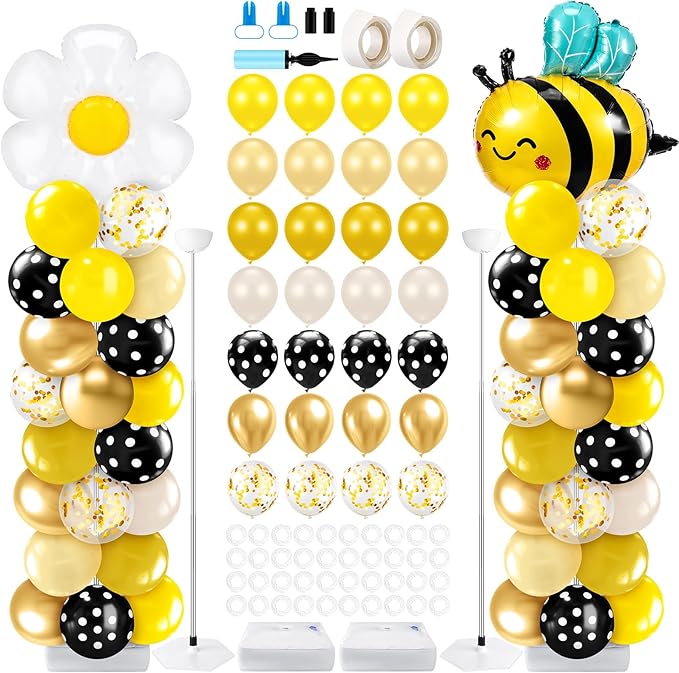 Kasyat 2 Sets Bee Theme Party Balloon Column Stand Kit with Bee Daisy Foil and 100 Latex Balloons, Adjustable Honeybee Balloon Stand Kit for Baby Shower Birthday Party Supplies