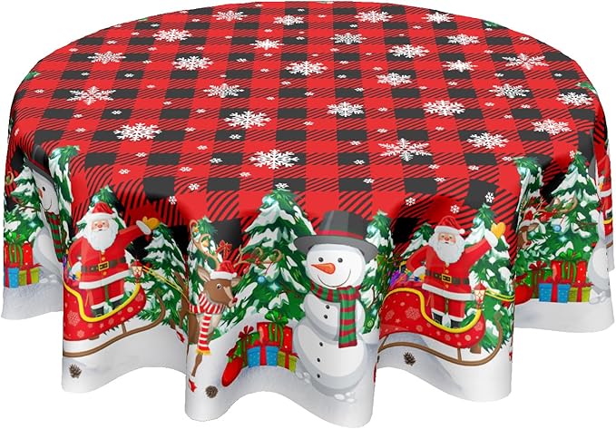 Christmas Round Tablecloth 70 Inch Xmas Snowman and Snowflake Pattern Circle Table Cloth Red Plaid Table Cover Winter Washable Polyester Decor for Home Kitchen Dinning Party