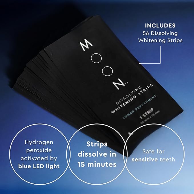 MOON Teeth Whitening Kit, LED Light Teeth Whitener Device, 56 White Strips, USB Charger & Travel Case, Blue Light Whitening Tray Removes Stains & Whitens Up to 12 Shades in 2 Weeks (4 Piece Kit)