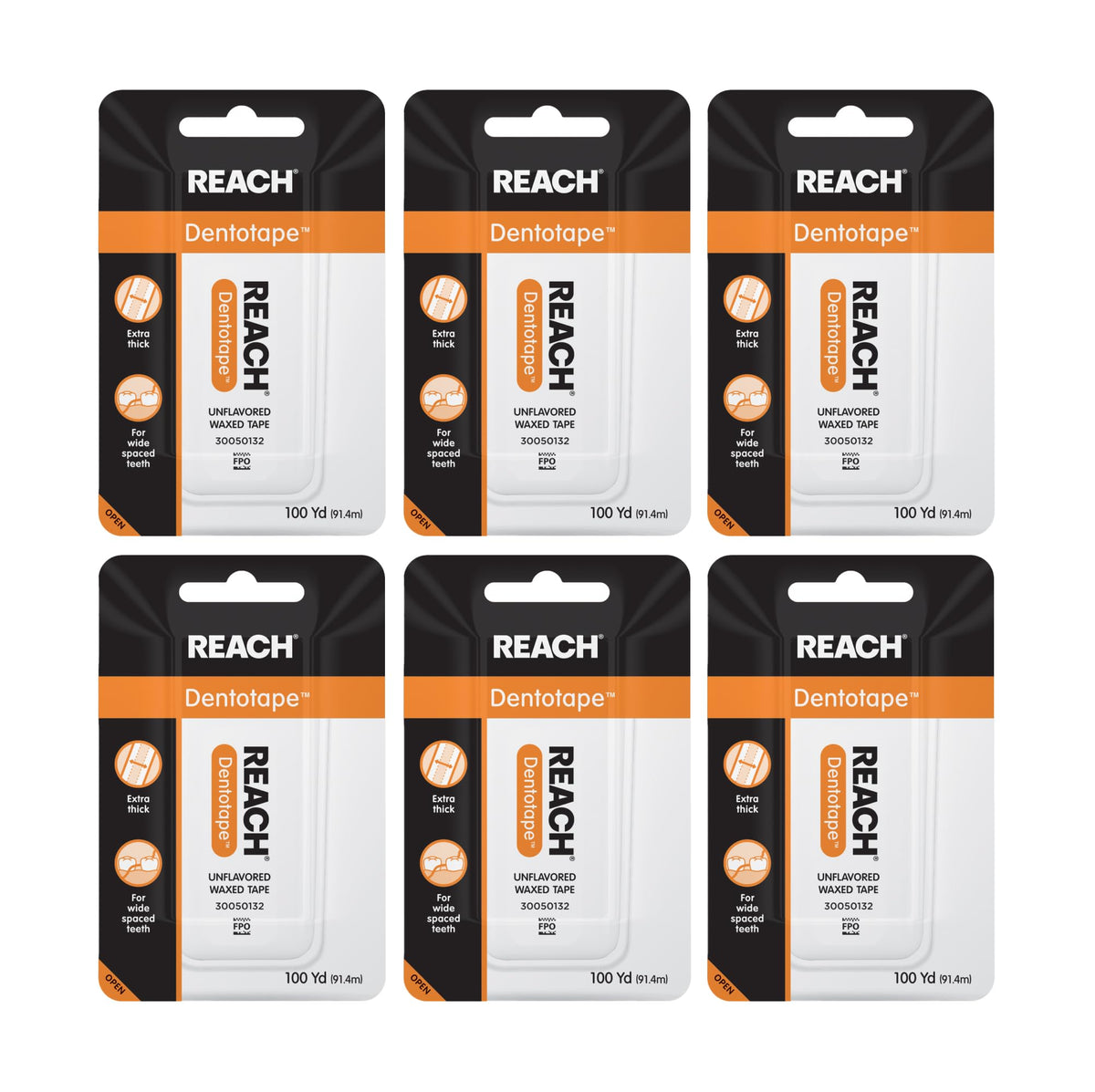 REACH Dentotape Waxed Dental Floss Tape, Unflavored, Extra Wide Floss, Shred & Frey Resistant, Plaque Remover for Teeth, Easy on Gums & Teeth, Oral Care, PFAS Free, for Adults & Kids, 6 Pack, 100 yd