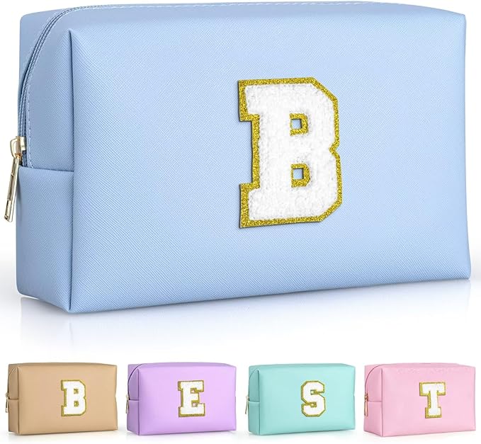 TOPEAST Preppy Patch Makeup Bag, Chenille Letter Pouch Cosmetic Bag, PU Leather Waterproof Toiletry Bag, Personalized Birthday Gift for Women Girl, Cute Stuff for Girls (Sky Blue B)