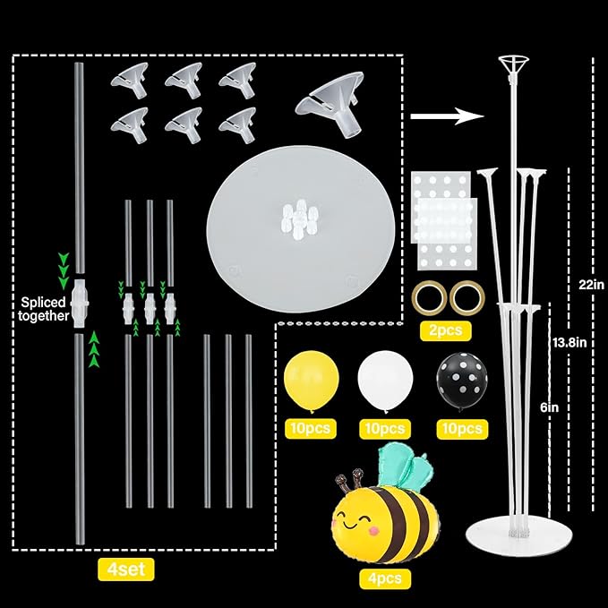 4 Sets Bee Baby Shower Party Balloons Stand Kit With Bumble Bee Foil Balloons Yellow Black White Honey Party Balloon Centerpiece for Tables for Gender Reveal Sweet As CanBee Birthday Decorations