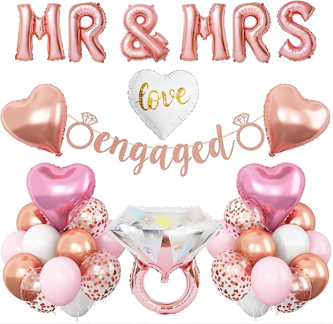 Rose Gold Engagement Party Decorations, MR and MRS Balloons Decor, Pink White Confetti Balloons, Love Heart and Diamond Ring Foil Balloon with Engaged Banner for Wedding Engagement Party Decoration