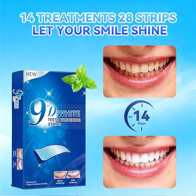 Teeth Whitening Strips - 9D Teeth Whitening Kit Professional Effects, Non-Sensitive Teeth Whitener for Enamel Safe, 28 Strips (14 Day Treatment) Remove Stain for a Brighter Smile, Mint