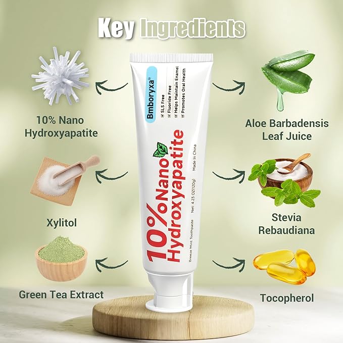 10% Nano Hydroxyapatite Toothpaste, SLS & Fluoride Free Remineralizing Toothpaste for Sensitive Teeth, Whitening, Antiplaque, Fresher Breath, Mineral Toothpast for Adults(4.23oz,Mint)