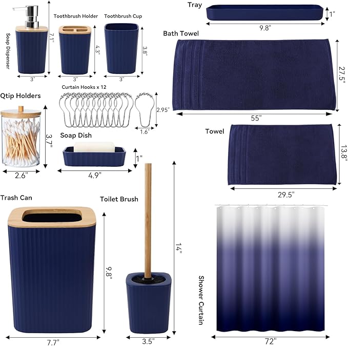 Navy Blue Bathroom Accessories with Bath Towels Ombre Shower Curtain, Blue Bathroom Setwith Trash Can,Toothbrush Holder,Toothbrush Cup,Soap Dispenser,Soap Dish,Toilet Brush and Qtip Holders