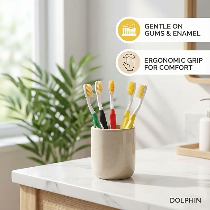 Dolphin Gold [4 Packs] Extra Soft Toothbrush Manual Long Flossing Bristle, Ultra Clean Toothbrush, Good for Sensitive Teeth and Gums (Yellow, Gold 4 Packs)