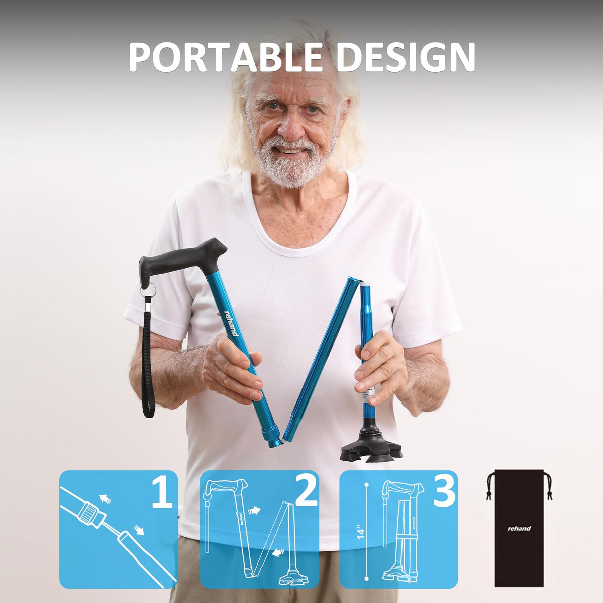 REHAND Walking Cane for Men & Women - Foldable, Adjustable, Lightweight, Self Standing Pivot Walking Cane, Soft Handle Grip, with Travel Bag, Walking Sticks for Seniors & Adults (Sliver)