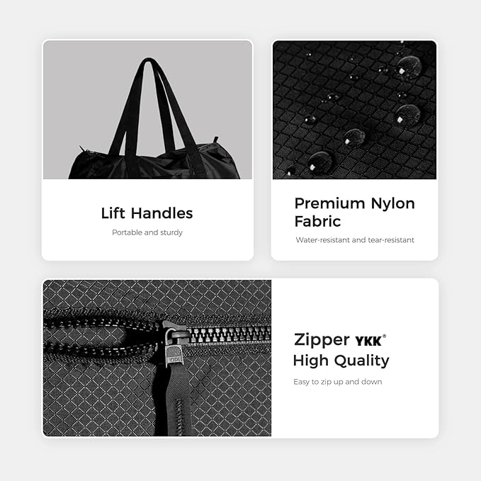 pack all 45L Foldable Duffel Bag, Water-Resistant Sports Gym Bag, Portable Weekender Bag Lightweight for Travel, Fitness and Camping (Black)
