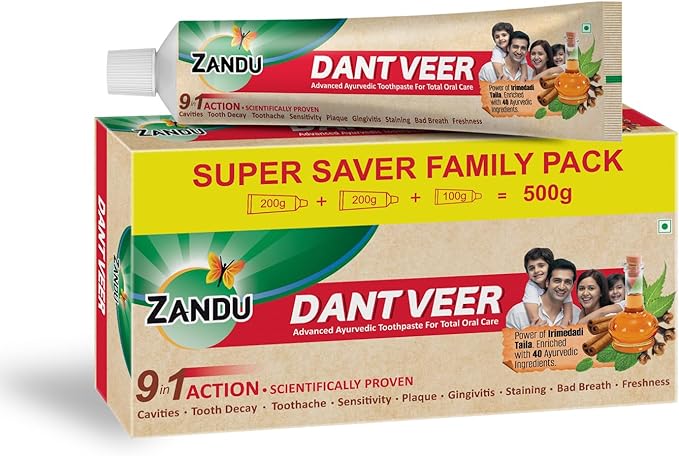 Zandu Dantveer, 500g, Fights 9 Dental Problems, with Irimedadi Oil, Advanced Ayurvedic Toothpaste, Scientifically Proven Formula