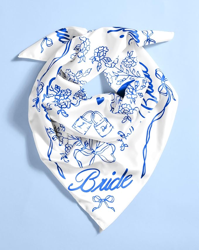 xo, Fetti Bride Head Scarf, 27x27 in | Bachelorette Bandana, Bridal Headwear, Bach Party Accessory, Bridesmaid Gift, White Wedding Handkerchief, Something Blue Silk Hat