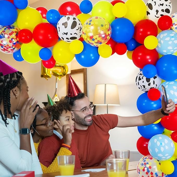 Red Yellow Blue Balloon Arch & Garland Kit with12" 5" Cloud Cow Print Balloons Fruit Green Latex Balloons Confetti Balloon Set for Baby Shower Kids Birthday Party Decorations