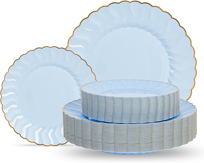 Lullaby 60PCS Light Blue Scalloped Plastic Plates with Gold Rim, Includes 30PCS Dinner Plate 10'' and 30PCS Dessert Plate 7.5'', Baby Blue Plastic Plates for Party, Wedding and Daily Use