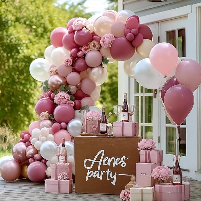 Dusty Rose Balloon Garland Double Stuffed Dusty Pink Mauve Pearl White Balloons Light Pink Cream Boho Balloon Arch Kit for Mother's Day Birthday Baby Shower Bridal Engagement Party Decorations