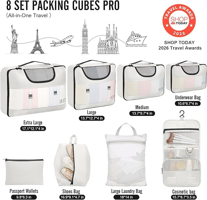 Veken 8 Set Packing Cubes for Travel Essentials, Suitcase Organizer Bags in 4 Sizes, Carry-On Luggage Accessories with Large Laundry Bag & Passport Holder, Must-Have for Airplane, Road Trip & Camping