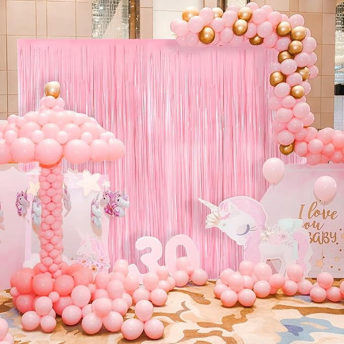 Pastel Pink Metallic Tinsel Foil Fringe Curtains, 2 Pack 3.3x8.3 Feet Tinsel Backdrop for Birthday Wedding Easter Christmas, Pink Fringe Backdrop Foil Curtain for Valentines Day Decorations
