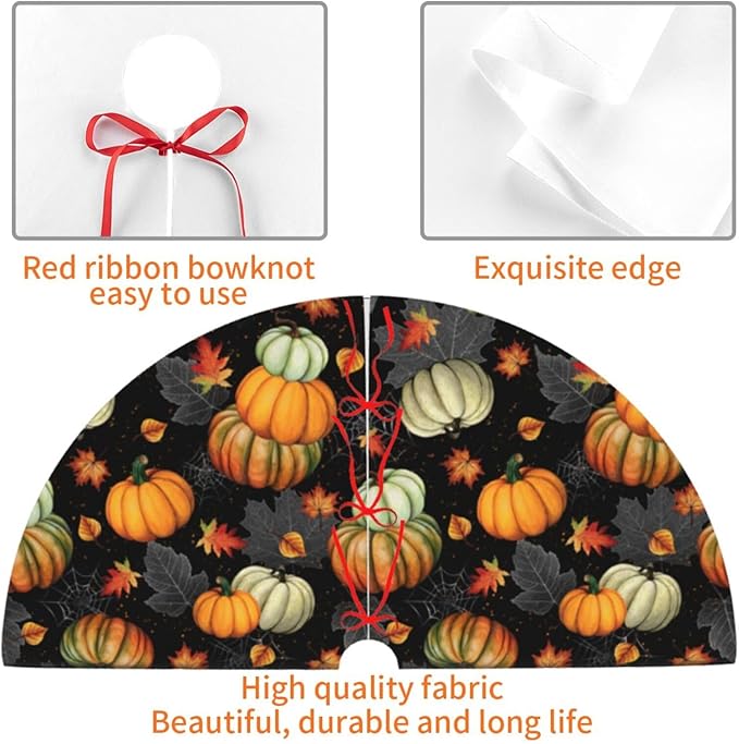 Fall Tree Skirt 48 inch, Thanksgiving Halloween Christmas Tree Skirts Ornaments Decorations, Pumpkin Maple Leaf Spider Web Design for Xmas Party Indoor Outdoor Decor