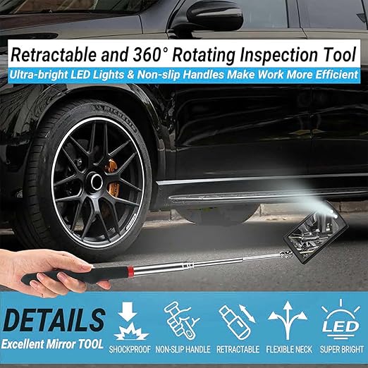 2PCS Telescopic Inspection Mirror, LED Telescopic Inspection Mirror,Portable Round 360 Degree Rotating Inspection Mirror Flashlight and Round/Square Inspection Mirror