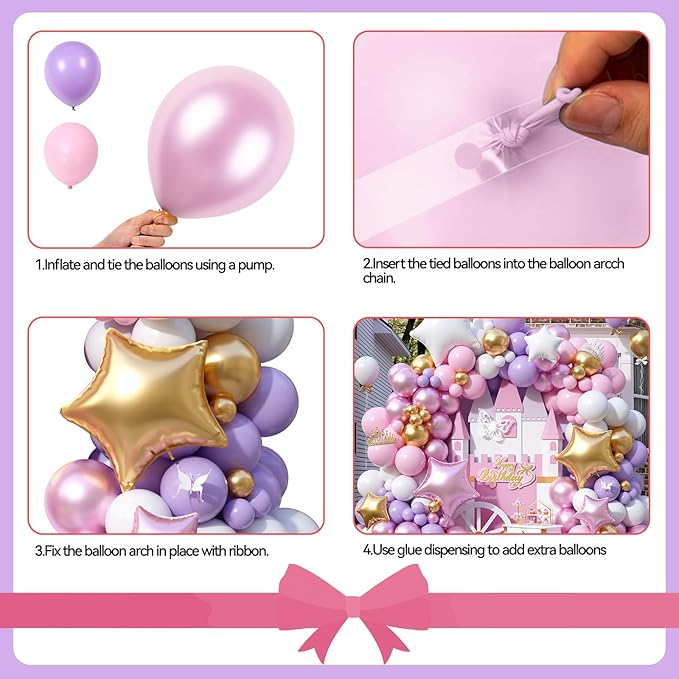 FunHot Pink Purple Balloon Arch Kit, Princess Balloon Garland, Pastel Pink Purple White Balloons Metallic Gold Star Foil Balloons for Girls Baby Shower Wedding Bridal Shower Birthday Party Decoration