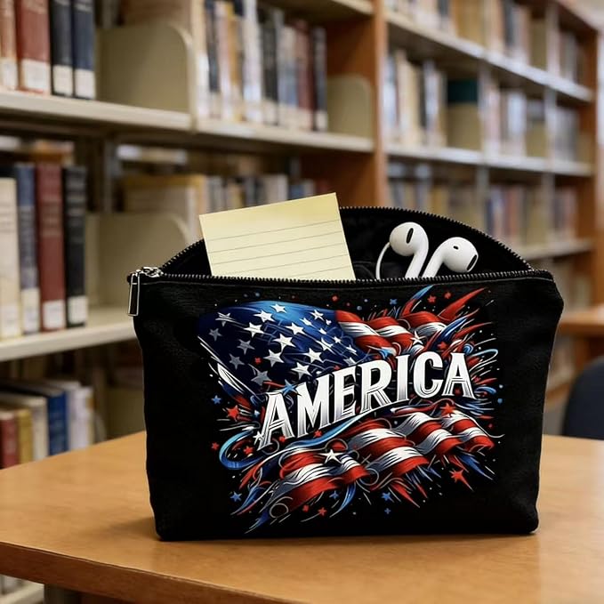GRITOSE Independence Day Makeup Bag Black Small Toiletry Bags with America Flag designs Patriotic Supplies July 4th Stationery Storage Accessories for Women Men Work Travel Pouch Kit with Zipper Gift