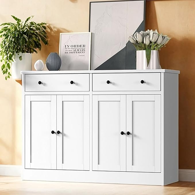 49" White Buffet Cabinet with Doors & Drawers, Modern Kitchen Storage Sideboard, Coffee Bar Console for Dining Room, Living Room, Entryway