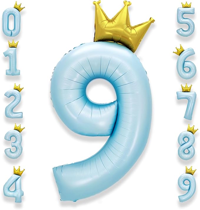 AULE 40 Inch Big Light Blue 9 Balloon Number with Crown Large Foil Helium Number Balloons 0-9 Jumbo Giant Happy 9th Birthday Party Decorations Huge Mylar Anniversary Party Supplies