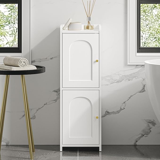 Bathroom Storage Cabinet, Corner Floor Cabinet with 2 Doors and Adjustable Shelf, Narrow Toilet Paper Cabinets, Bathroom Organizer for Small Spaces, 7.9" D x 9.8" W x 29.5" H White