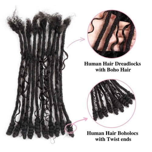 Lovenea 0.6 cm Human Hair Dreadlocks with Twist Ends 8 inch 30 Strands Boholocs Human Hair Handmade Dreadlock Extensions Natural Black Color Can Be Dyed Bleached Curled(1B#, 8 Inch-30 Strands)