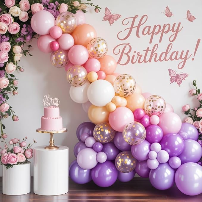 Pink and Purple Balloon Garland Arch Kit, Butterfly Balloon Arch Kit with Hot Pink Purple Gold Confetti Balloons for Bridal Shower Wedding Butterfly Birthday Party Decoration