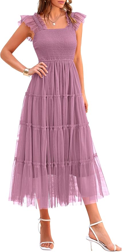 PRETTYGARDEN Women's Summer Tulle Midi Dress Sleeveless Smocked Ruffle Flowy Mesh Dresses Party Wedding Guest Sundress