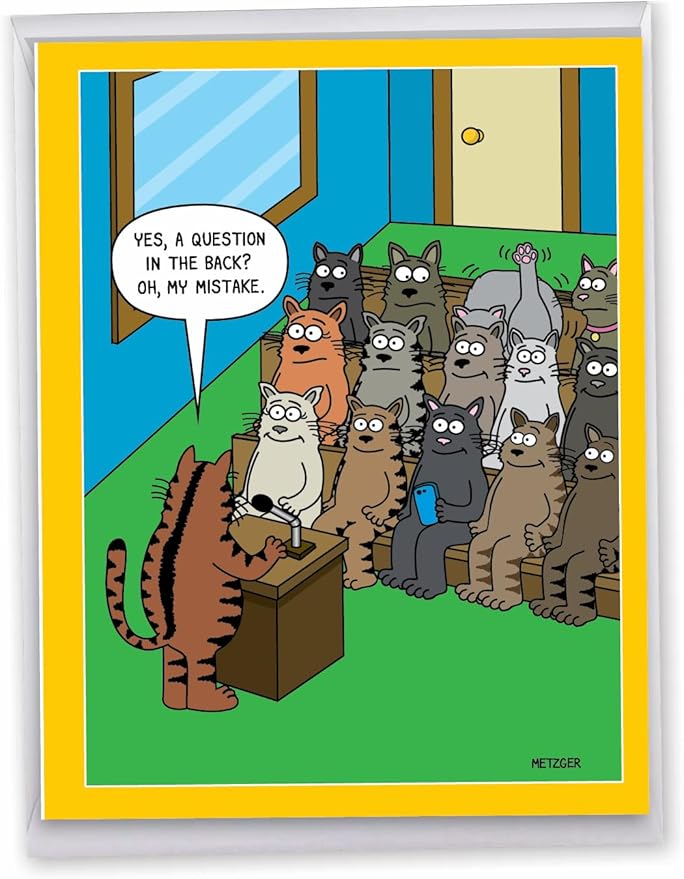 NobleWorks - Jumbo Birthday Greeting Card (8.5 x 11 Inch) - Cartoon Humor, Notecard with Envelope - Cat Question J3674BDG-US