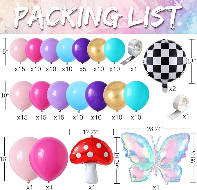 Fairy Wonderland Balloon Arch Kit,163Pcs Purple Hot Pink Balloon Garland with Iridescent Butterfly,Mushroom,Chessboard Foil Balloons for Alice Princess Birthday Onederland Garden Tea Party Decorations