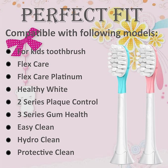Kids Replacement Toothbrush Head for 7+ Child Soft Brush 4 Pack & 4 Hygienic Cover Compatible with Phillps Kids Electric Toothbrush HX6321, HX6340, HX6032/94, HX6321, HX6042 Pink 4 Pack