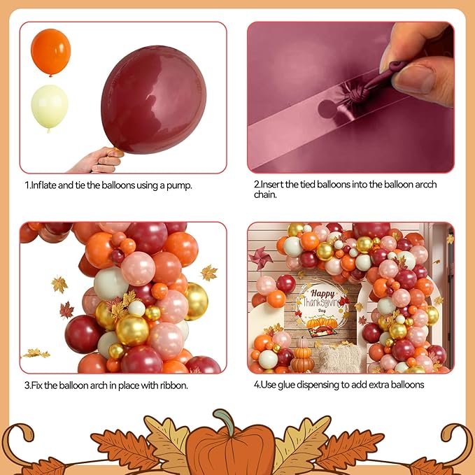 FunHot Thanksgiving Balloon Arch Kit, Fall Balloon Garland Kit with Orange Burgundy Yellow Pearl Rose Gold Metallic Gold Balloons for Baby Shower Wedding Anniversary Fall Thanksgiving Party Decoration