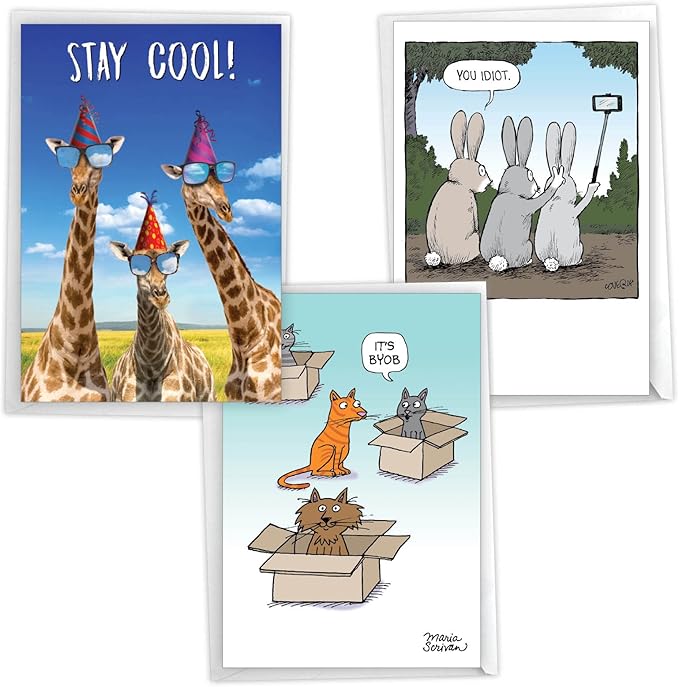 NobleWorks Assorted 3 Pack of Funny Feisty Animal Birthday Greeting Cards with 5 x 7 Inch Envelopes (3 Designs, 1 Each) Three's a Comedy VC9270BDG-C1x3