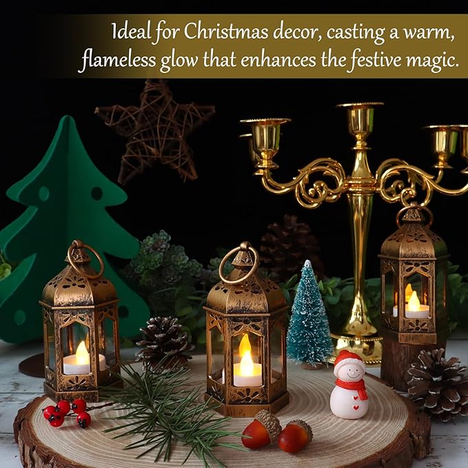 LLQ 8Pcs Mini Lantern with LED Tealight, Vintage Brown Lanterns Decorative, Hanging Candle Lanterns for Halloween Christmas Wedding Table Centerpiece Indian Decor, Garden Fairy Party Decorations