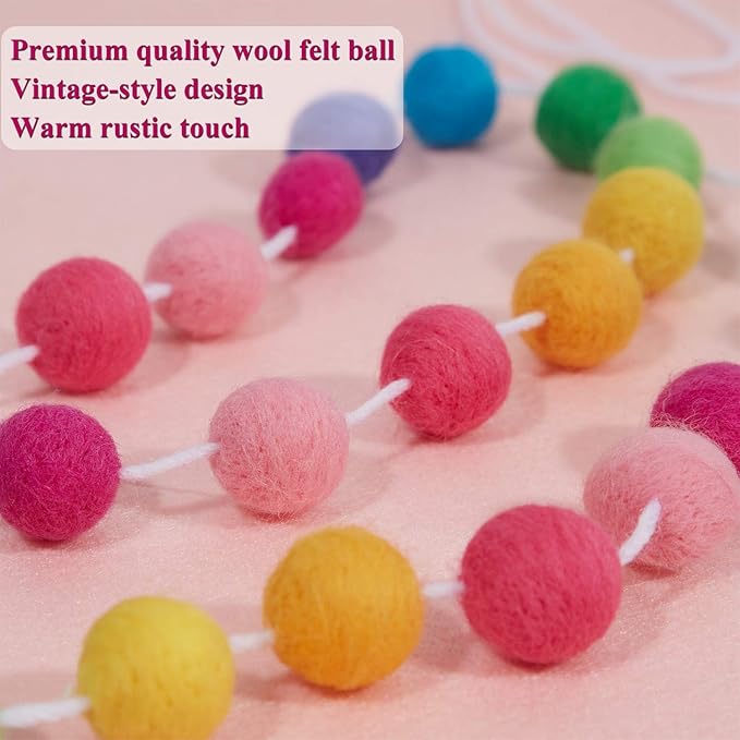 Boao 3 Pieces Wool Felt Ball Garland Colorful Pom Pom Garland Handmade 6.5 Feet Long 24 Balls Felt Banner for Wall Christmas Tree Decoration (Rainbow)