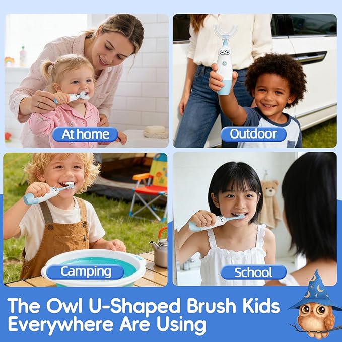 Kids Electric Toothbrush，360-Degree Sonic Vibration, IPX7 Waterproof,Toddler U Shaped Toothbrush with 2 Soft Brush Head,Cute Owl Design Baby Toothbrush for Ages 2–7（Blue）
