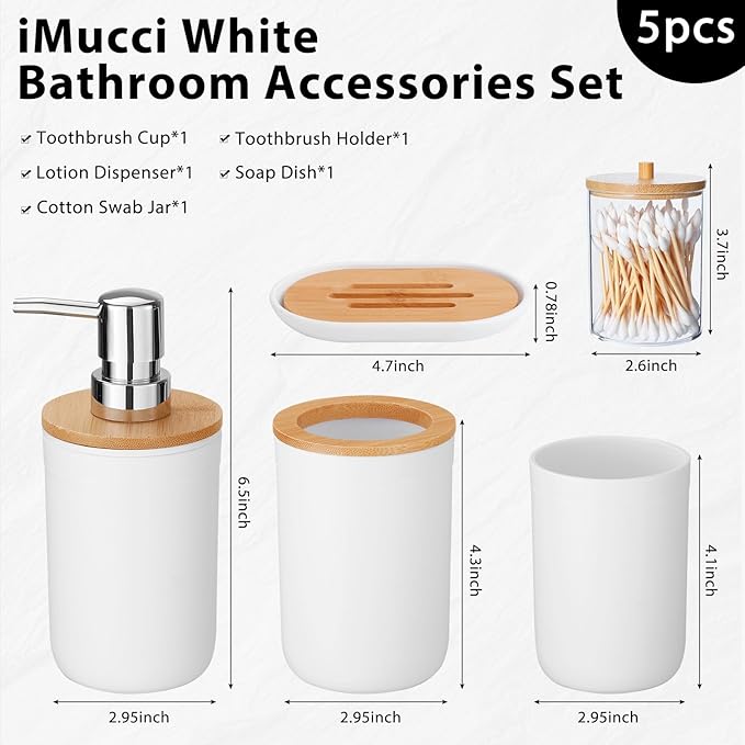 iMucci Bathroom Accessories Set 5Piece White Bathroom Sets, Toothbrush Holder, Toothbrush Cup, Lotion Soap Dispenser, Soap Dish and Qtip Holder Bathroom Decor