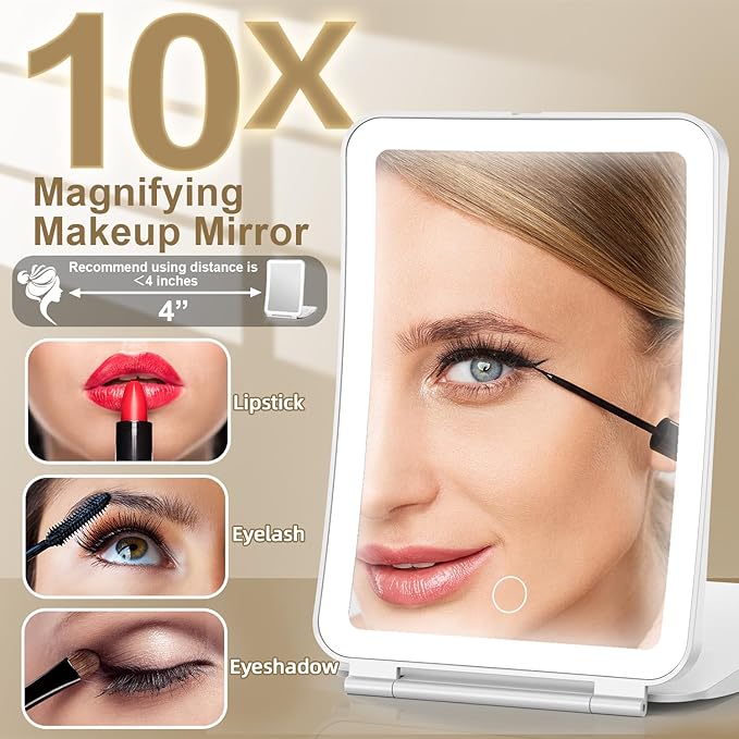 Mocado Travel Makeup Mirror with Light, 1x/10x Magnifying Mirror with Light, 3 Colors Lighted Magnifying Mirror, 2000mAh Rechargeable Lighted Makeup Mirror, Dimmable Touch, Memory Function (White)