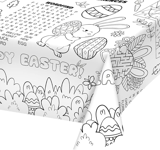 Gatherfun Disposable Easter Color-in Paper Tablecloth Decoration，Happy Easter Paper Table Cover for Children School Party Decor-54 x 88 in，1 pcs