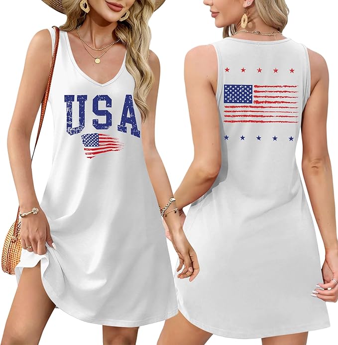 LHBNK 4th of July Dress for Women: American Flag Tank Dresses Star Striped Splicing Loose V Neck Sundresses