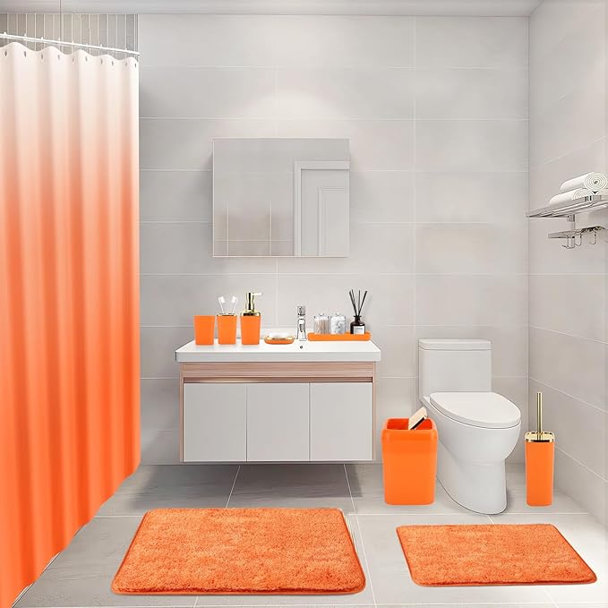 Bathroom Set - Orange Bathroom Sets with Shower Curtain and Rugs, 24PCS Shower Curtain Set with Hooks, Soap Dispenser, Soap Dish, Toilet Brush Holder and Trash Can for Housewarming