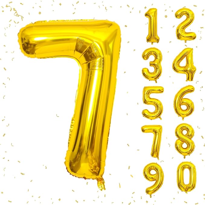 Gold 40 Inch Number 7 Balloon, Premium Mylar Foil Balloon for Birthday, Anniversary Party Decorations, Reusable Self-Sealing