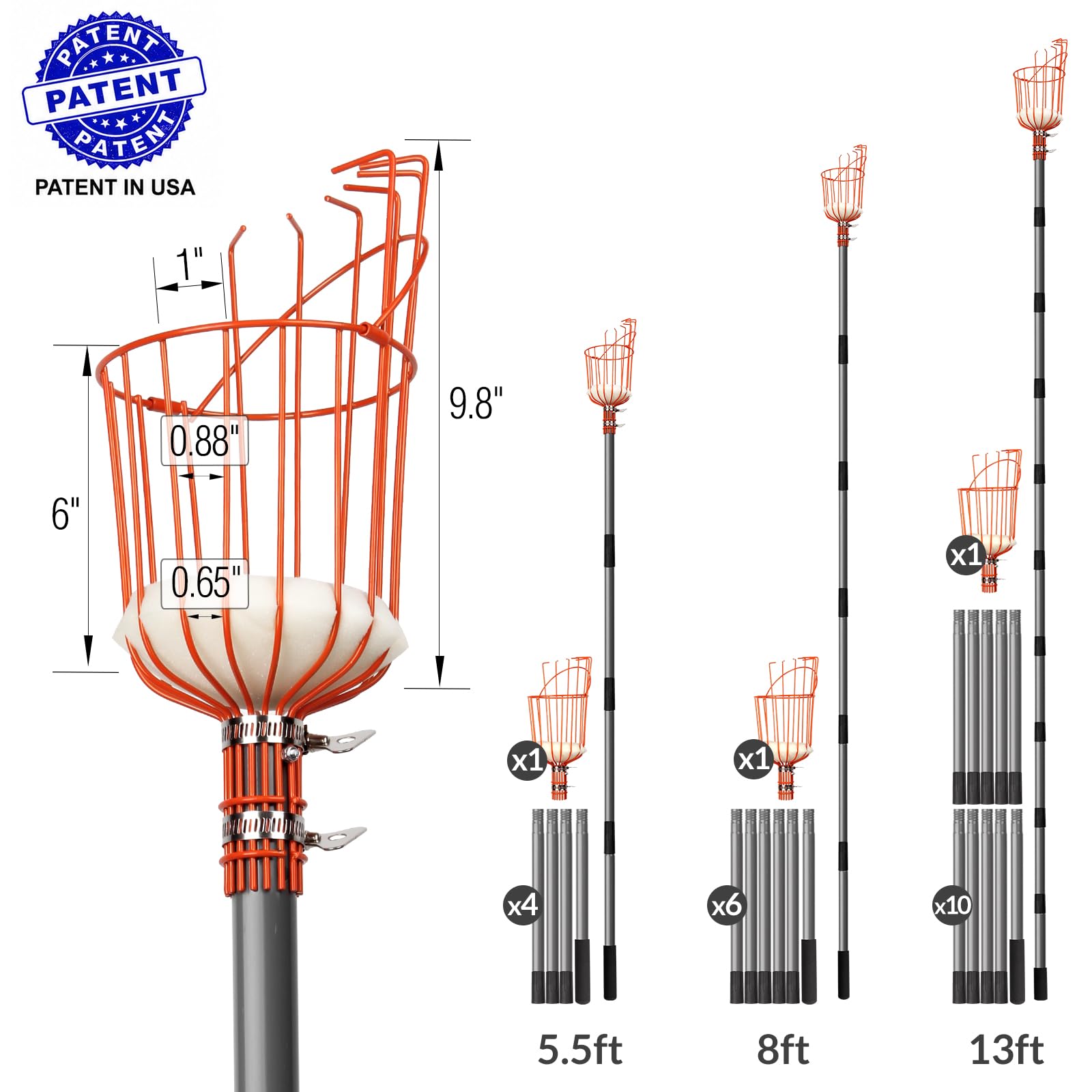Walensee 5.5FT Fruit Picker with Basket, 35-65 Inch Compact Fruit Picker Pole, Lightweight Cherry Picker Tool for Pear, Mango, Apple, Orange, Lemon, Avocado Harvesting