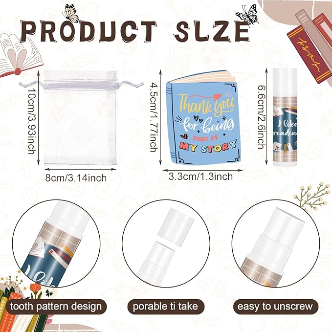 36 Set Book Lover Gift Book Club Lip Balm Thank You Tag Organza Bag Librarian Appreciation Gift for Women Reader Reading Bookworm Bookish Accessories Valentine's Day Birthday Favor