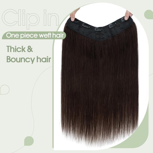 S-noilite Clip in Hair Extensions Human Hair 5 Clips 3/4 Full Head V Part Weft Thicker Hair Lace Net One Piece Hair Extensions Clip in Human Hair (18"-70g,#02 Dark Brown)